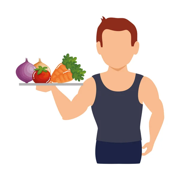 Спортсмен с иконой персонажа овощей на подносе — стоковый вектор