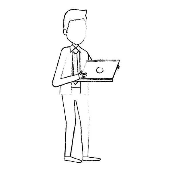 Eleganta affärsman med laptop avatar tecken — Stock vektor