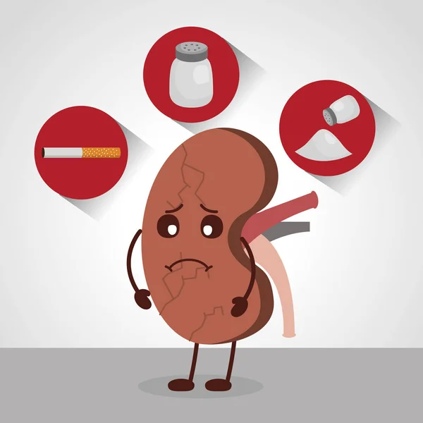 Dibujos animados riñón triste órgano humano sal cigarro — Archivo Imágenes Vectoriales