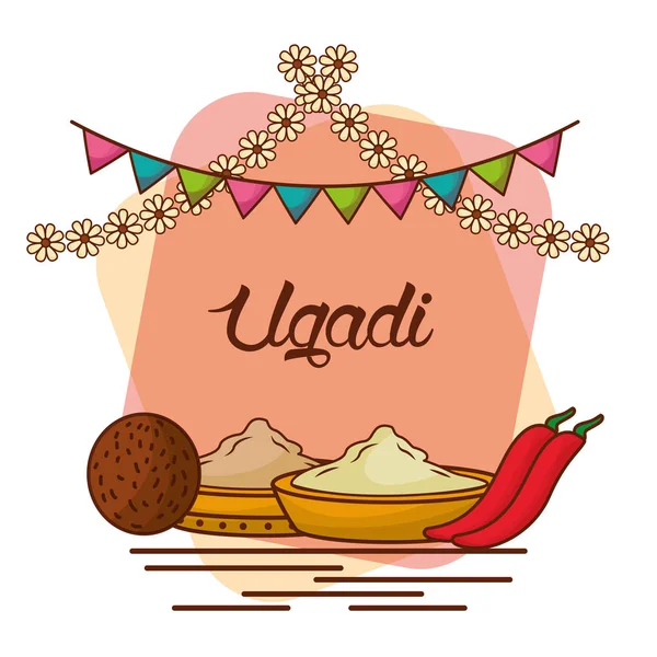 Ugadi 設定グリーティング カード ポット ニームの木唐辛子砂糖塩のココナッツの花 — ストックベクタ