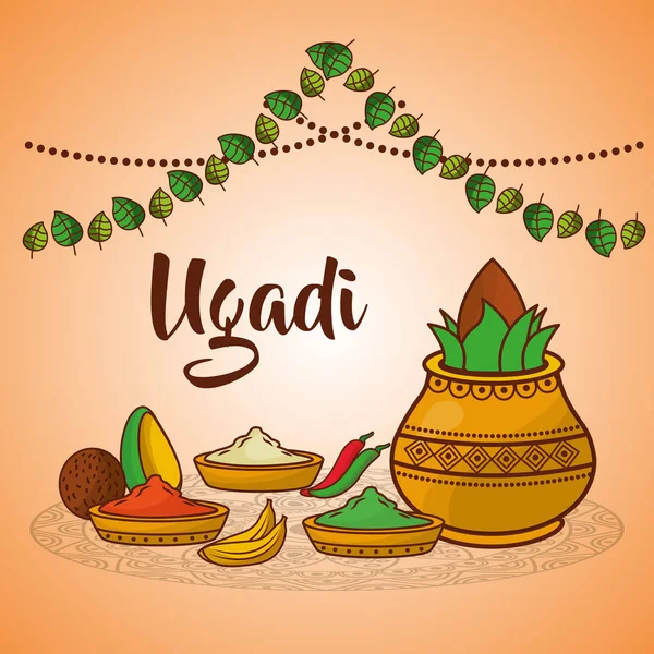 Ugadi 陶磁器の鍋料理のスパイス ココナッツ装飾伝統的です — ストックベクタ