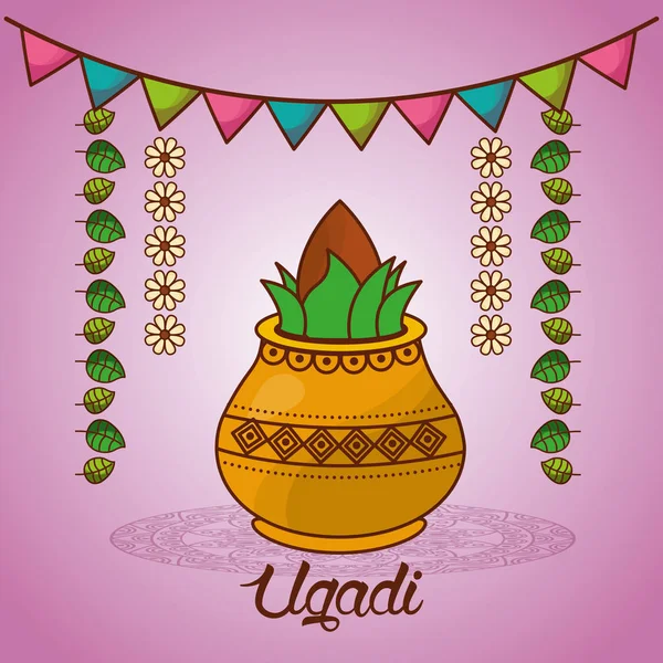 Heureux ugadi festival set modèle carte de vœux pot noix de coco fleurs de neem arbre — Image vectorielle