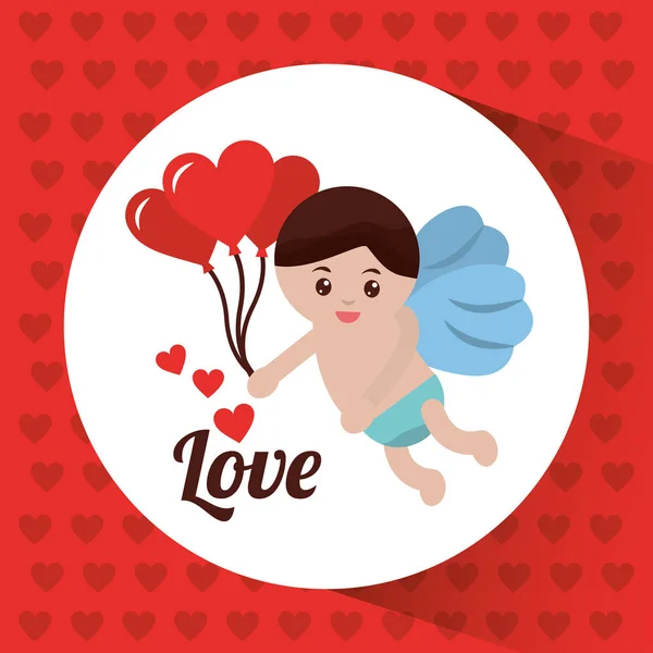 Liebe Amor mit Bündel Herz Luftballons mit Schatten — Stockvektor