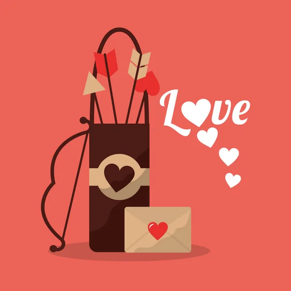 Amor caso arco flecha y mensaje carta romance — Vector de stock
