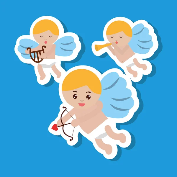 Three cupid flying bow harp and trumpet — Stock Vector