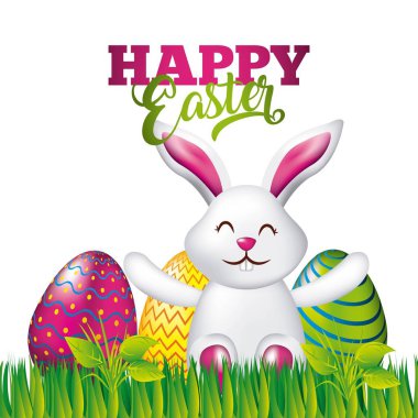 Mutlu Paskalya kartı beyaz tavşan çim renkli yumurta ile oturan