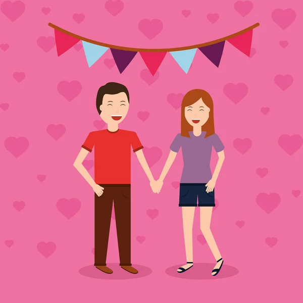 Feliz pareja cogida de la mano con guirnalda decorativa y corazones — Vector de stock