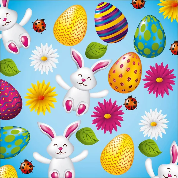 Шаблон декоративных кроликов яйца и пасхальные цветы — стоковый вектор