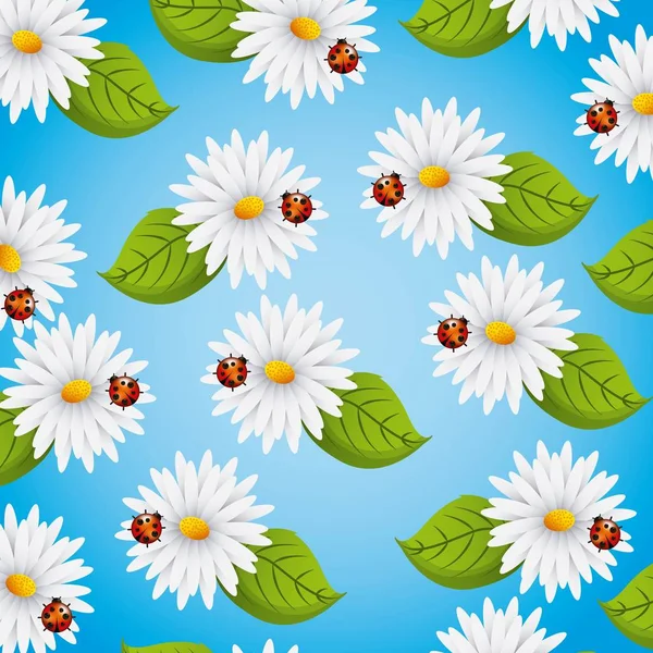 Seamless pattern daisies flowers ladybug and leaves natural — Stock Vector