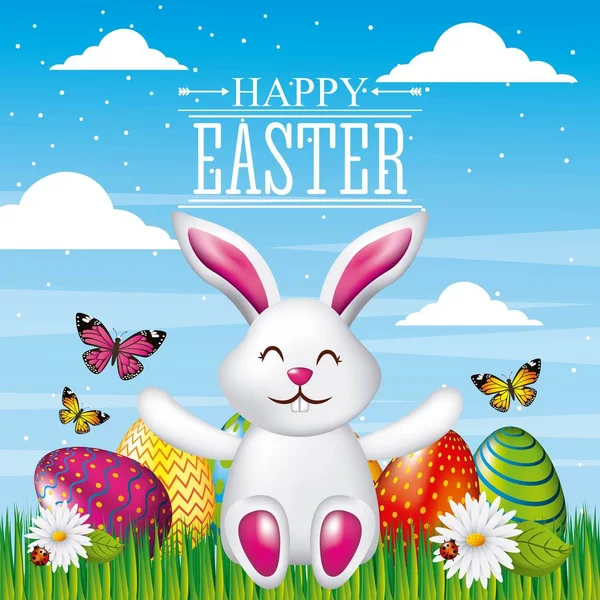 Heureux Pâques carte lapin mignon assis avec des œufs lumineux papillons et fleurs coccinelle — Image vectorielle