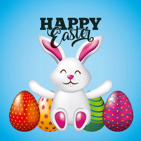 Feliz tarjeta de Pascua lindo conejito sentado y brillante huevos fondo azul — Vector de stock