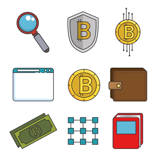 Conjunto de blockchain y bitcoin icono de la tecnología — Vector de stock
