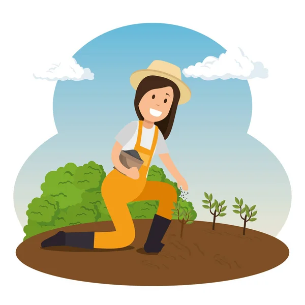 Αγρότης κορίτσι καλλιέργεια φυτών — Διανυσματικό Αρχείο
