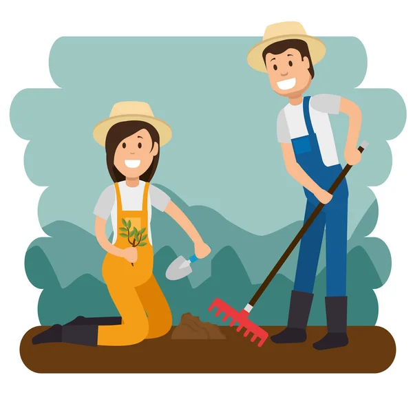 園芸の仕事をしている若い庭師のカップル — ストックベクタ