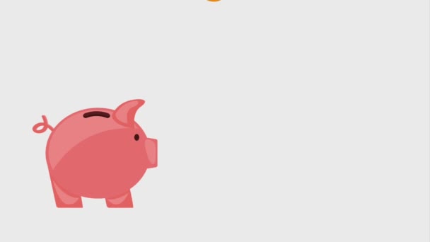 Piggy bank en munten die vallen binnen de pictogrammen — Stockvideo