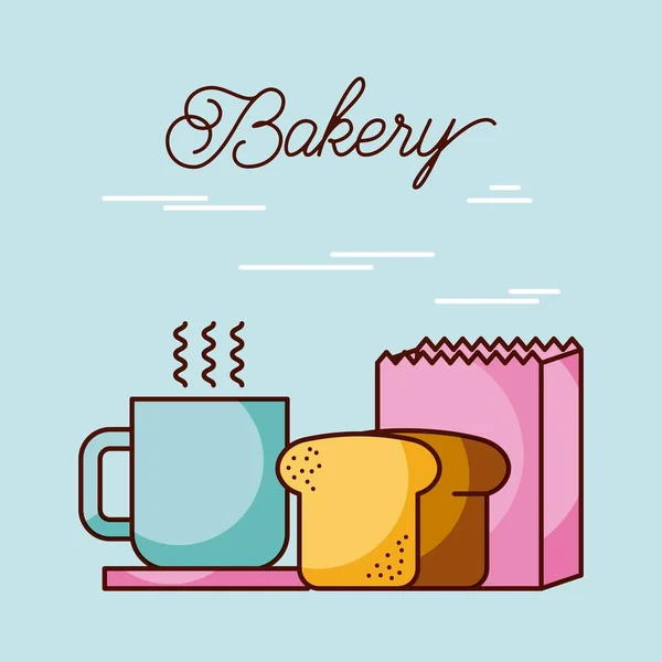 Panadería pan hoja taza de café y bolsa de papel — Vector de stock