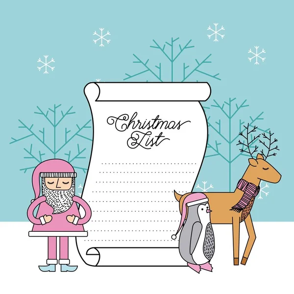 Christmas list santa penguin deer and tree snowflake — Stock Vector