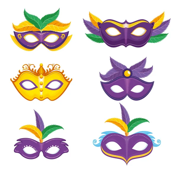 Набор из фиолетовых и желтых карнавальных масок Марди Гра — стоковый вектор
