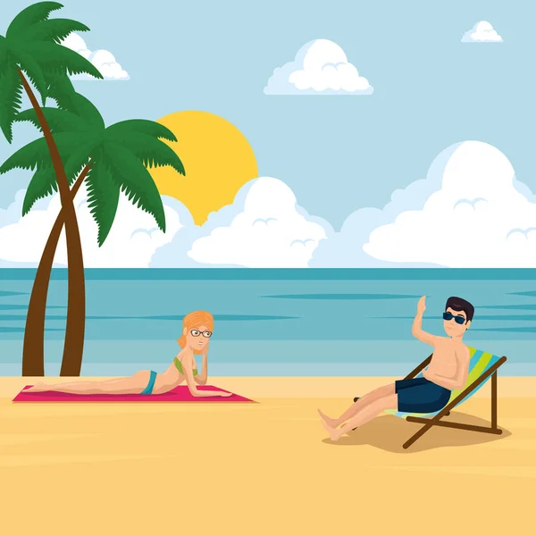Happy couple of lovers sunbathe on the beach design — Stock Vector