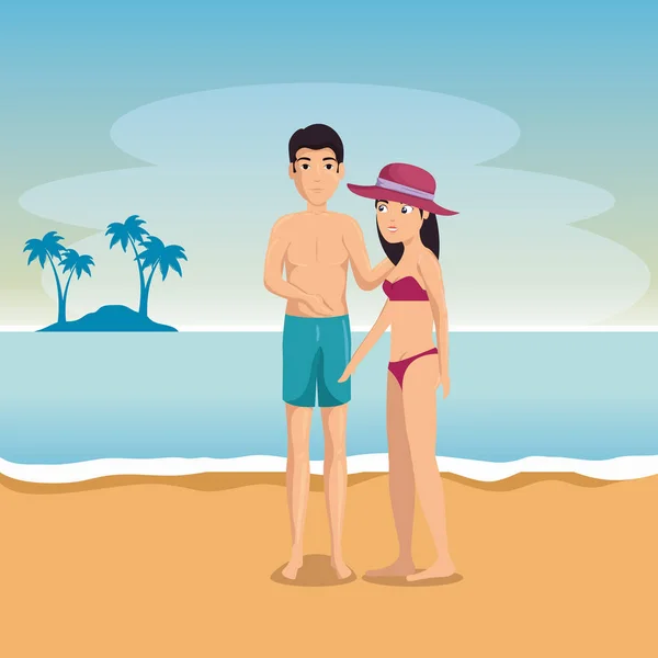 Feliz pareja de amantes en la playa — Vector de stock