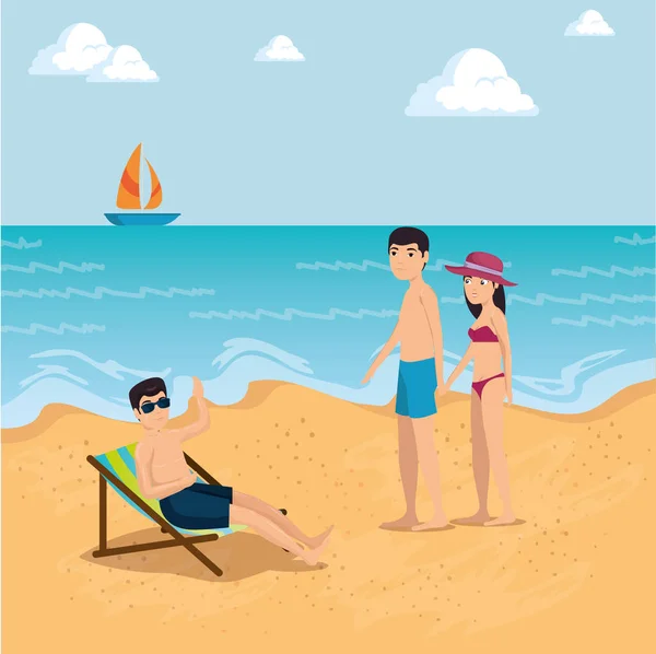 Gente en la playa verano vacaciones diseño — Vector de stock