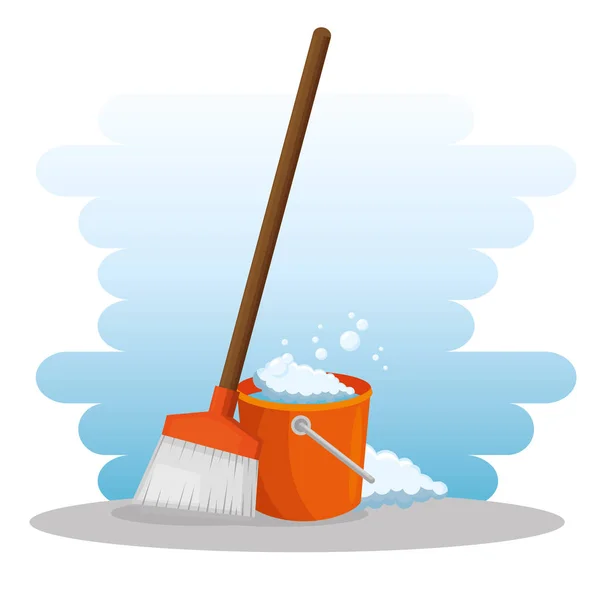 Cleaning supplies with bucket and broom — Stock Vector