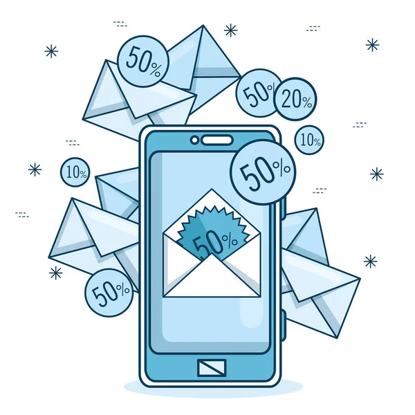 E-mail marketing en promotie email notificatie op mobiele telefoon — Stockvector