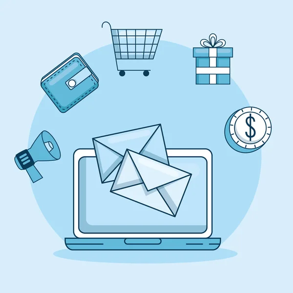 Email marketing e promoção de computador com notificação de e-mail — Vetor de Stock