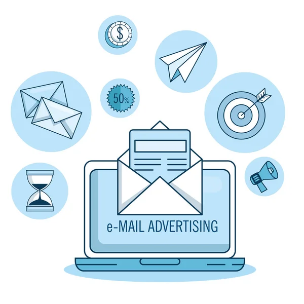 Email marketing e promozione computer con notifica e-mail — Vettoriale Stock