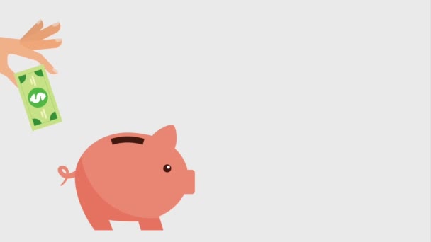 Hand geld steken in de pictogrammen van de piggy bank — Stockvideo