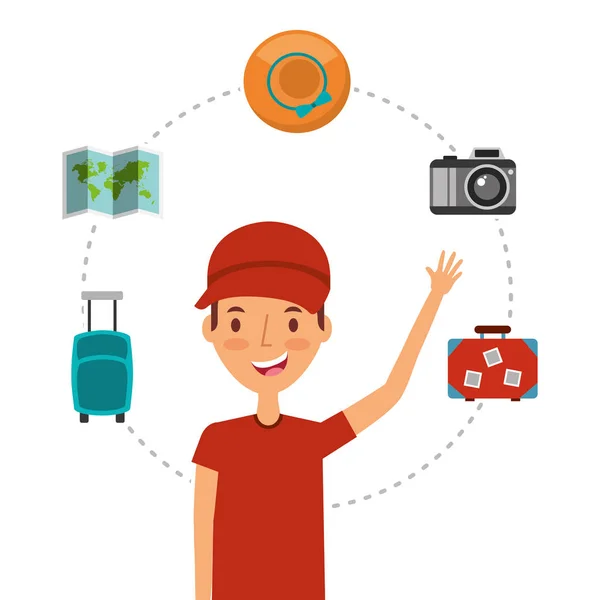 Молодой человек туристический путешественник с картой шляпы камеры чемоданы — стоковый вектор