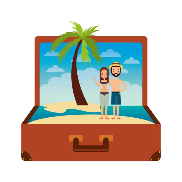 古董手提箱情侣里面与海滩棕榈度假 — 图库矢量图片