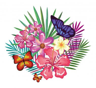 Kelebekler ile tropikal ve egzotik çiçekler