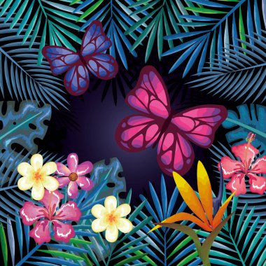 Kelebekler ile tropikal ve egzotik çiçekler