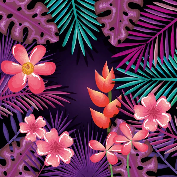 Flores y hojas tropicales y exóticas — Archivo Imágenes Vectoriales