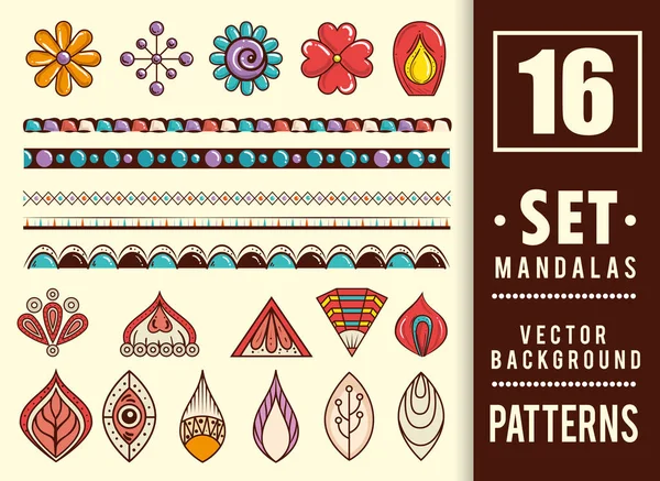 16 mandala's kleuren boho stijlenset — Stockvector