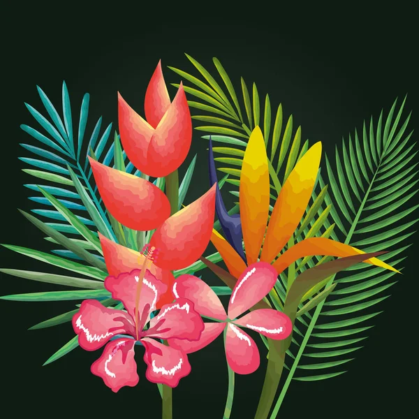 Tropikalne i egzotyczne kwiaty i liście — Wektor stockowy
