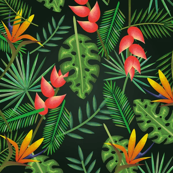 Tropiska och exotiska blommor och blad — Stock vektor