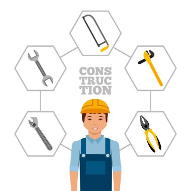 Miğferi ve aletleri olan inşaat işçisi