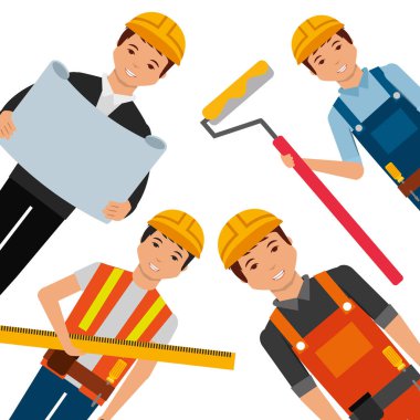 İnşaat İşçileri sarı kask değişik üniforma giyen ve araçları
