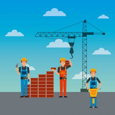 İnşaat İşçileri duvar tuğla kırıcı ve vinç