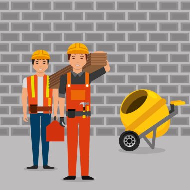 araç kiti ve Mikser Beton inşaat işçileri ahşap tahta