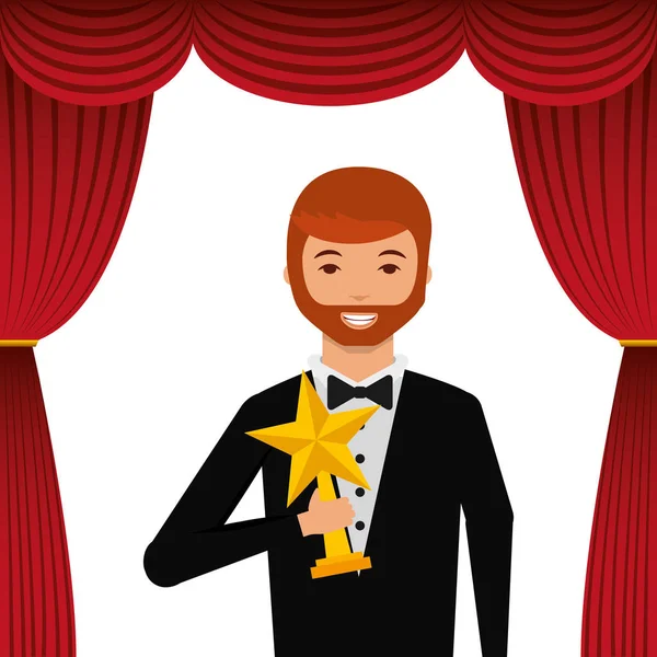 Aktor memakai tuksedo memegang penghargaan bintang emas - Stok Vektor