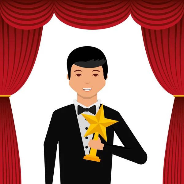 Aktor memakai tuksedo memegang penghargaan bintang emas - Stok Vektor