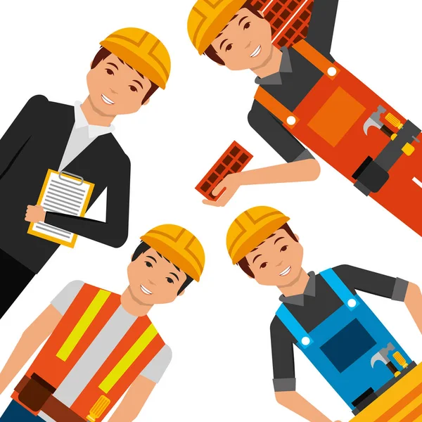 Bauarbeiter mit gelbem Helm, Uniform und Werkzeug — Stockvektor