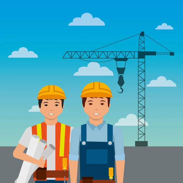 Construction workers with helmet crane on sky background — Stock Vector