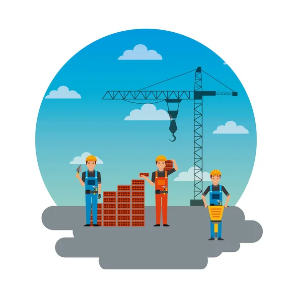 Construction workers wall brick jackhammer and crane round sky design — Stock Vector