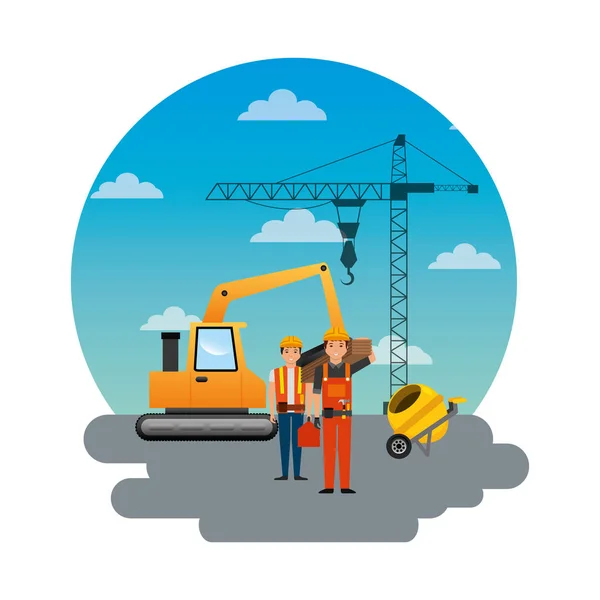 Construction workers loading machine mixer concrete crane round sky design — Stock Vector