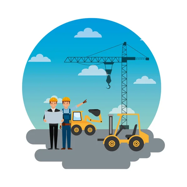 Construction workers engineer foreman truck forklift excavator crane round sky design — Stock Vector