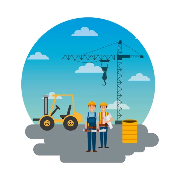 Trabajadores de la construcción camión grúa barril y cielo redondo diseño — Vector de stock